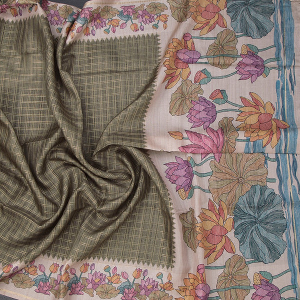 Raw Silk Mehandi Green Zari Checked Saree