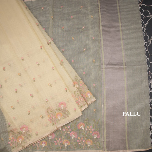 Kota Light Yellow Thread Work Saree