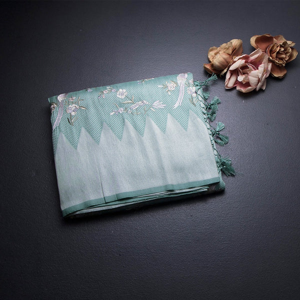 Banaras Mint Green Zari With Thread Work Saree