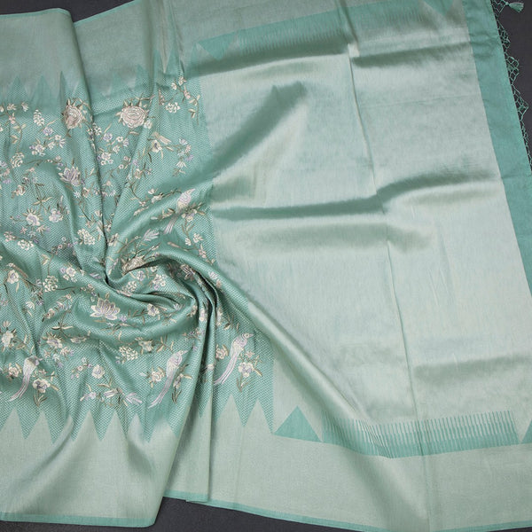 Banaras Mint Green Zari With Thread Work Saree