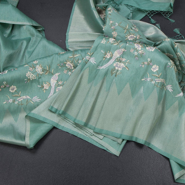 Banaras Mint Green Zari With Thread Work Saree