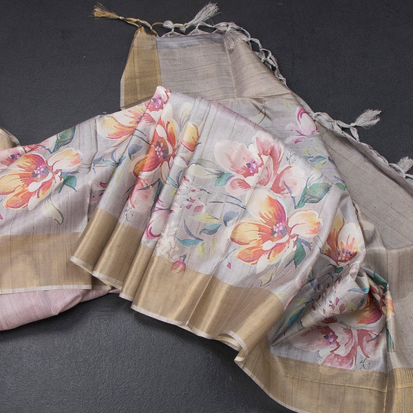Raw Silk Light Maroon Floral Printed Saree