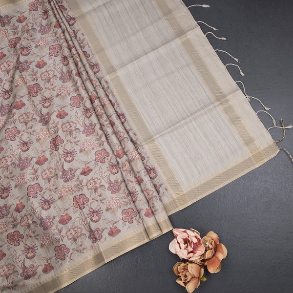 Raw Silk Grey Floral Printed Saree 04
