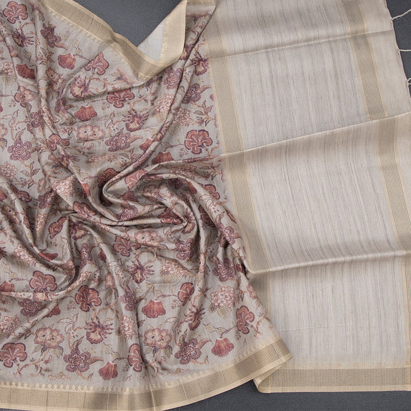 Raw Silk Grey Floral Printed Saree 04