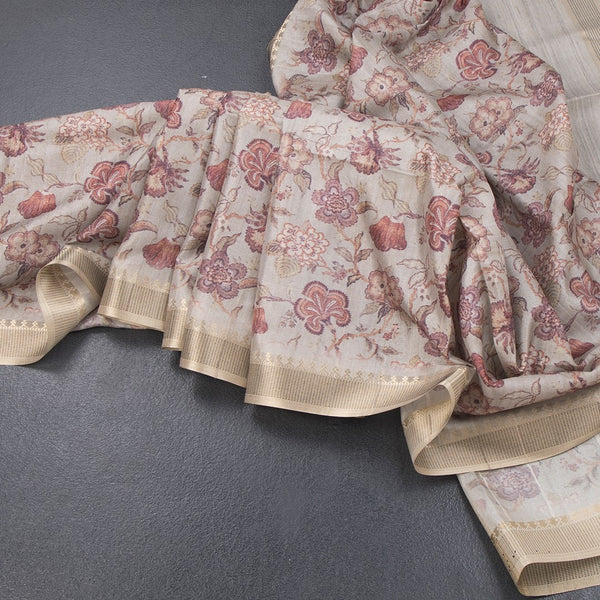 Raw Silk Grey Floral Printed Saree 04