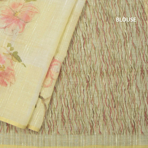 Linen Yellow Floral Printed Saree