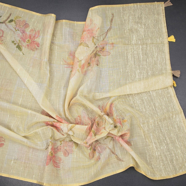 Linen Yellow Floral Printed Saree