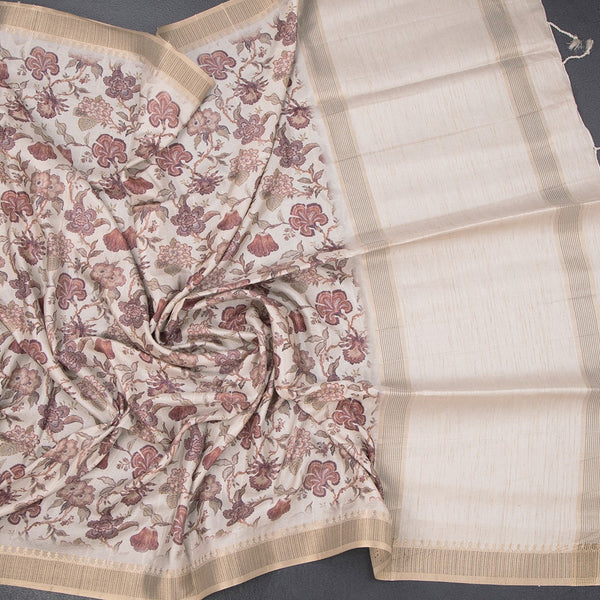 Raw Silk Cream Floral Printed Saree 06