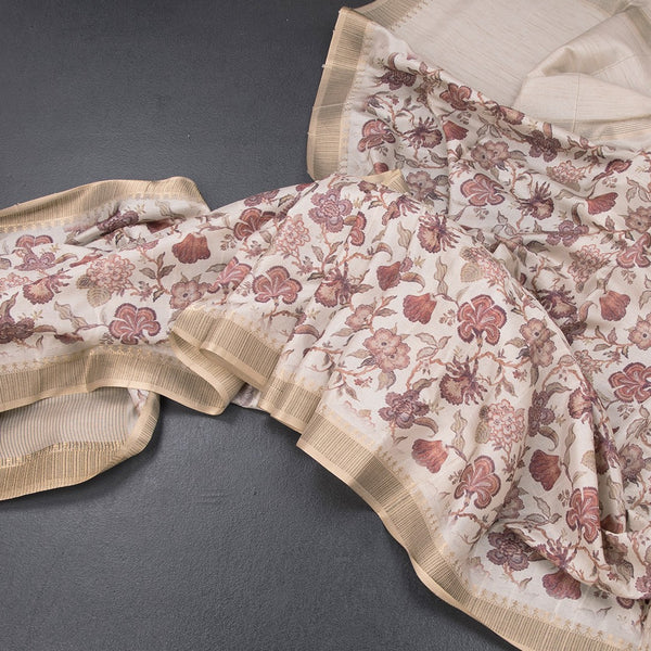 Raw Silk Cream Floral Printed Saree 06