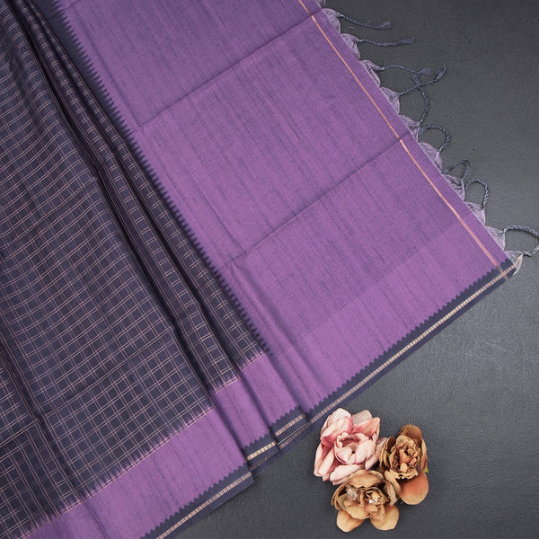 Raw Silk Dark Purple Zari Checked Saree