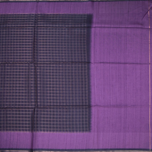 Raw Silk Dark Purple Zari Checked Saree