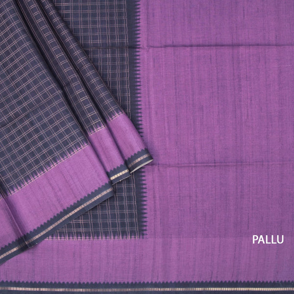 Raw Silk Dark Purple Zari Checked Saree