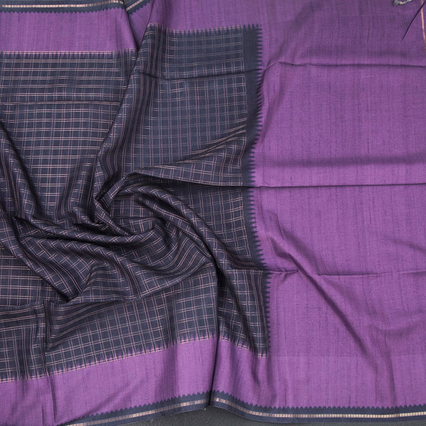 Raw Silk Dark Purple Zari Checked Saree