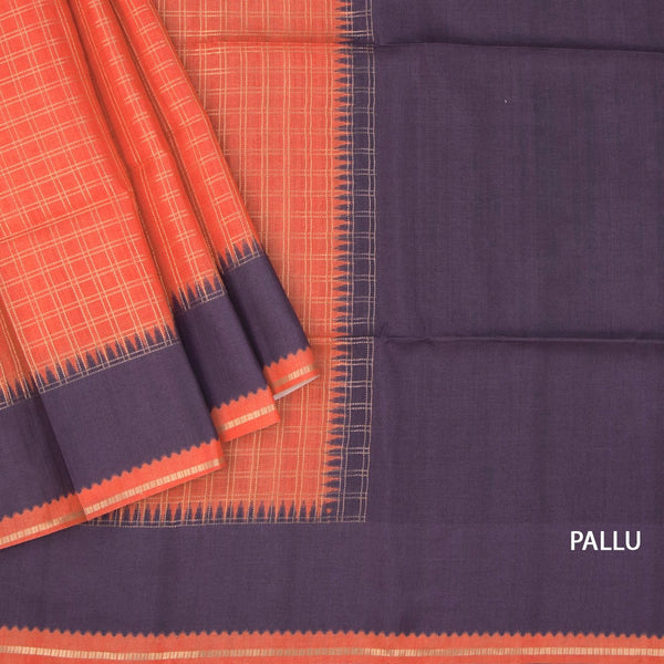 Raw Silk Dark Orange Zari Checked Saree