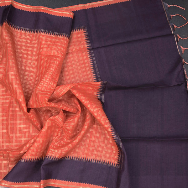 Raw Silk Dark Orange Zari Checked Saree