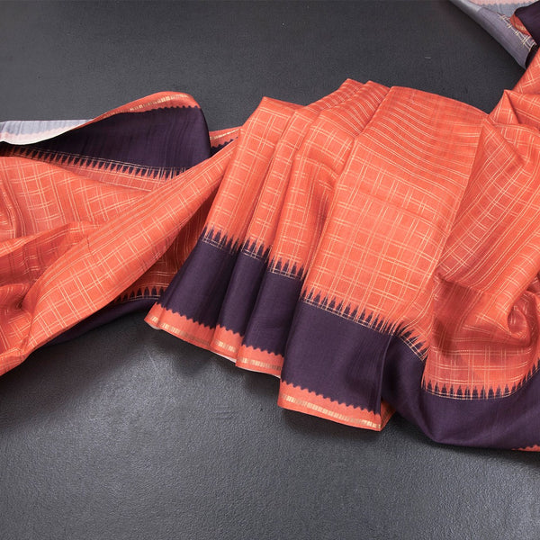 Raw Silk Dark Orange Zari Checked Saree