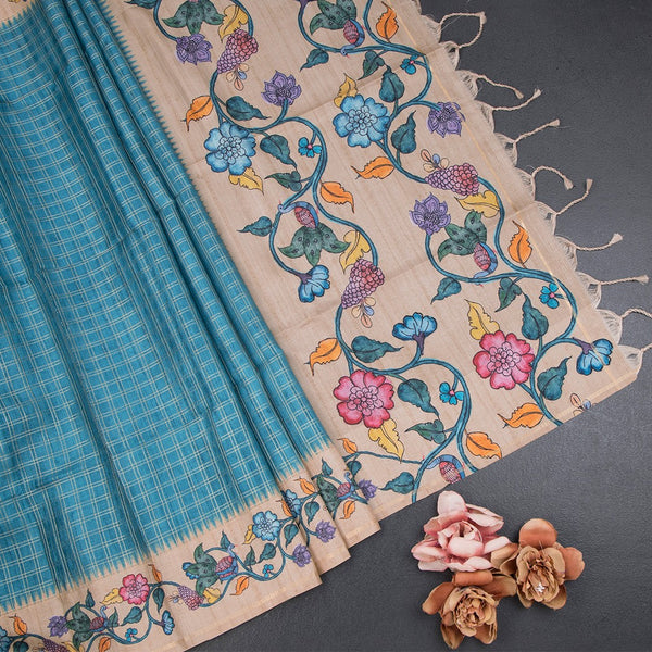 Raw Silk Peacock Blue Zari Checked Saree 02