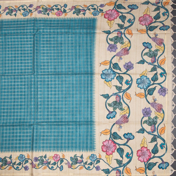 Raw Silk Peacock Blue Zari Checked Saree 02