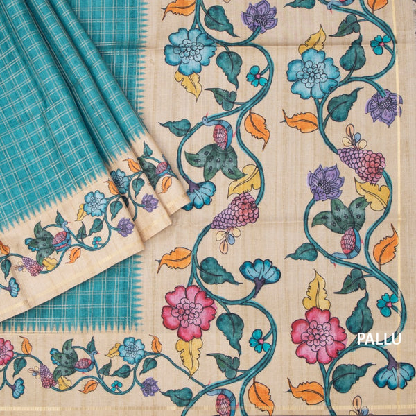 Raw Silk Peacock Blue Zari Checked Saree 02