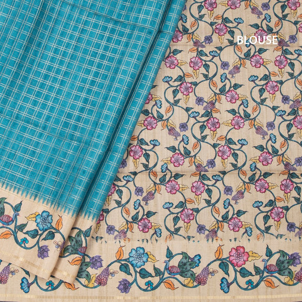 Raw Silk Peacock Blue Zari Checked Saree 02