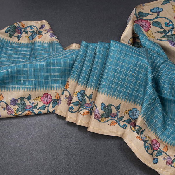 Raw Silk Peacock Blue Zari Checked Saree 02