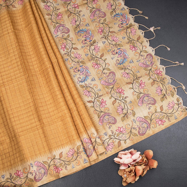 Raw Silk Golden Brown Zari Checked Saree