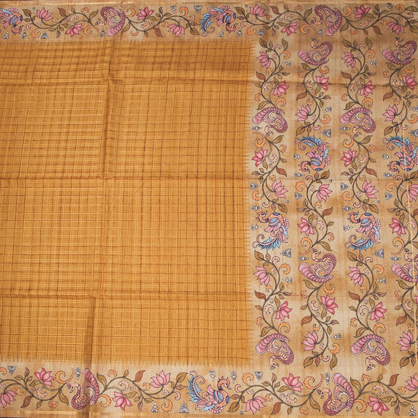 Raw Silk Golden Brown Zari Checked Saree
