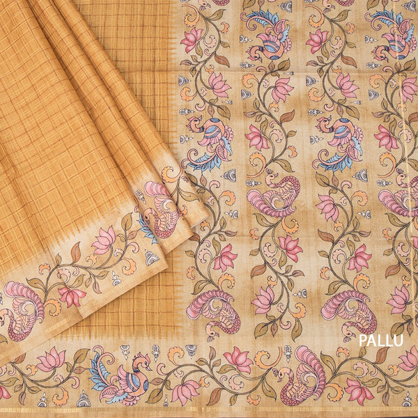 Raw Silk Golden Brown Zari Checked Saree
