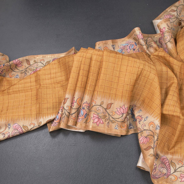 Raw Silk Golden Brown Zari Checked Saree