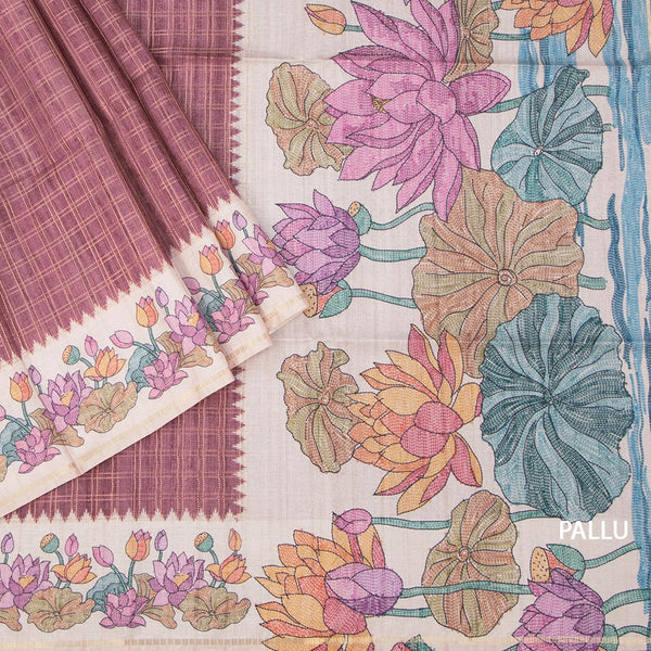 Raw Silk Dark Maroon Zari Checked Saree