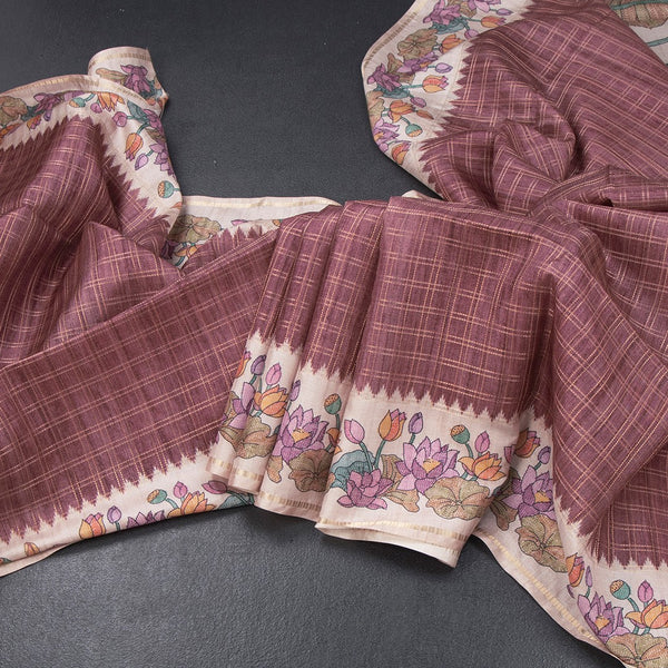 Raw Silk Dark Maroon Zari Checked Saree