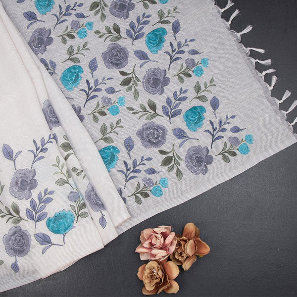 Linen Cream Painted With Thread Work Saree