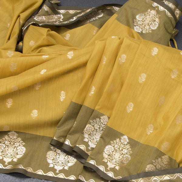 Raw Silk Mustard Yellow Zari Worked Saree