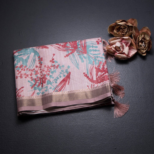 Raw Silk Baby Pink Leaf Printed Saree