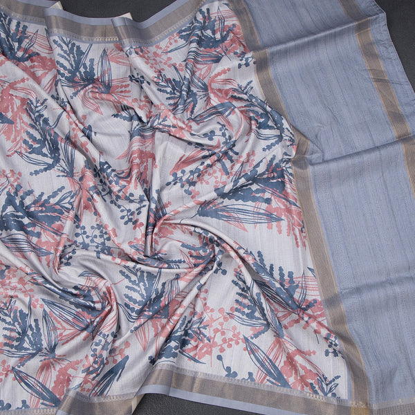 Raw Silk Light Blue Leaf Printed Saree