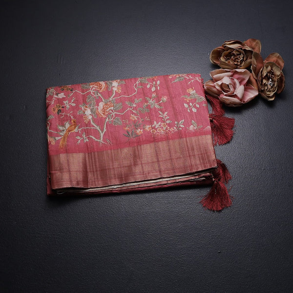 Raw Silk Reddish Pink Printed Saree In Tree Design