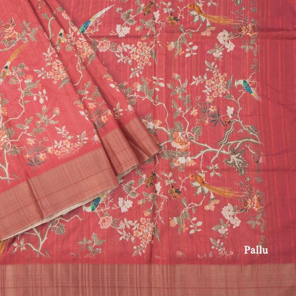 Raw Silk Reddish Pink Printed Saree In Tree Design