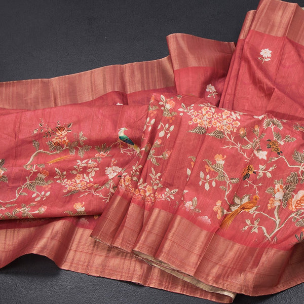 Raw Silk Reddish Pink Printed Saree In Tree Design