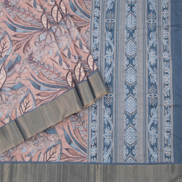 Raw Silk Light Brown Leaf Printed Saree