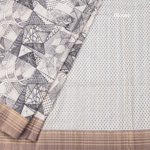 Raw Silk Cream Printed Saree 03