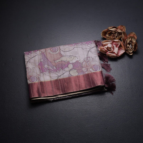 Raw Silk Cream Printed Saree 02