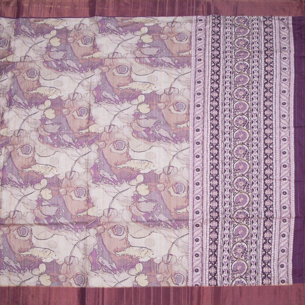 Raw Silk Cream Printed Saree 02