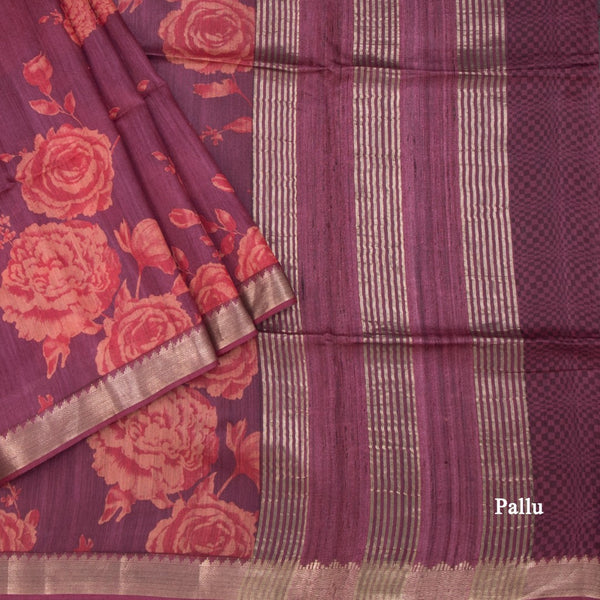 Pure Tussar Magenta Purple Floral Printed Saree 02