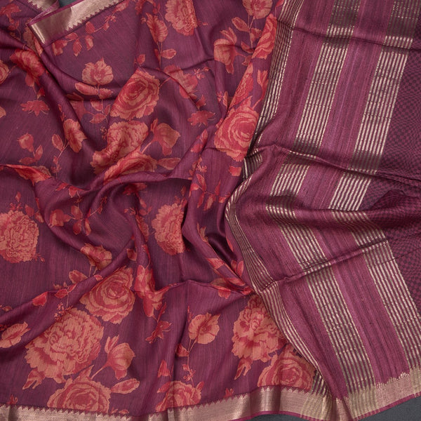 Pure Tussar Magenta Purple Floral Printed Saree 02
