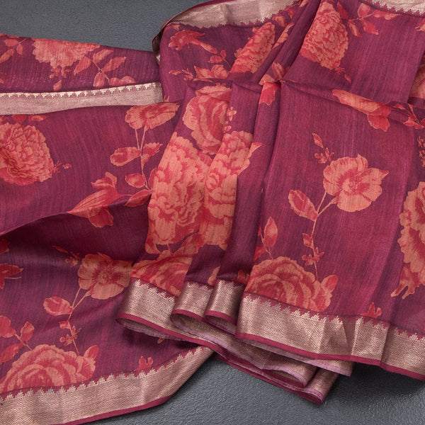 Pure Tussar Magenta Purple Floral Printed Saree 02