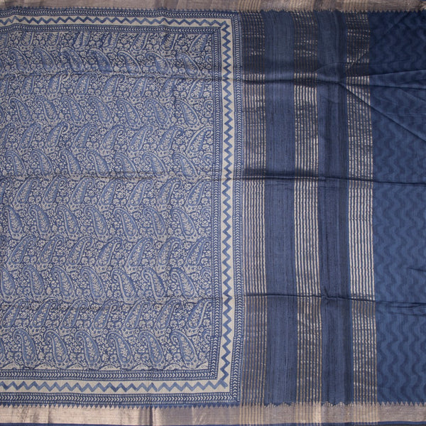 Pure Tussar Blue Floral Printed Saree 05