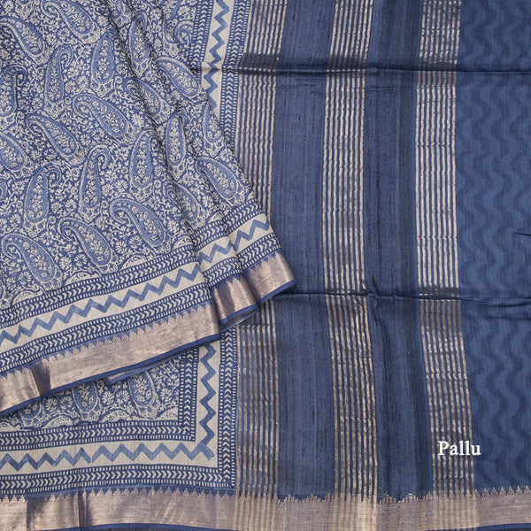 Pure Tussar Blue Floral Printed Saree 05