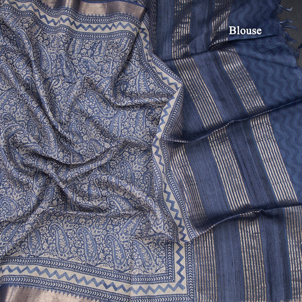Pure Tussar Blue Paisley Printed Saree 05