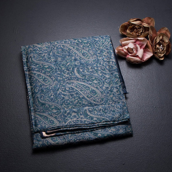 Pure Tussar Peacock Blue Floral Printed Saree