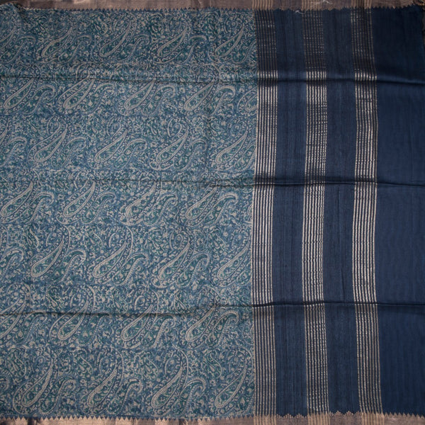 Pure Tussar Peacock Blue Floral Printed Saree